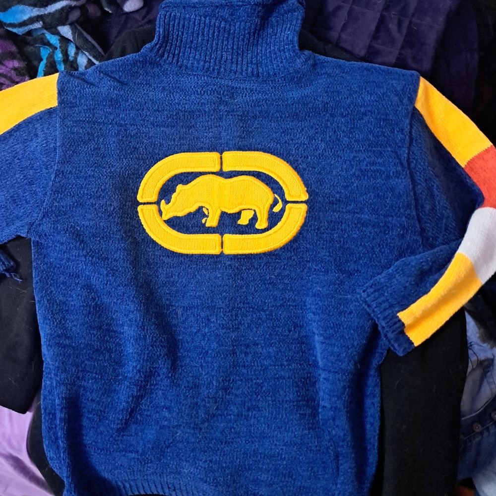 Vintage Ecko Unlimited Blue and Yellow Turtleneck Sweater with Sporty Stripes